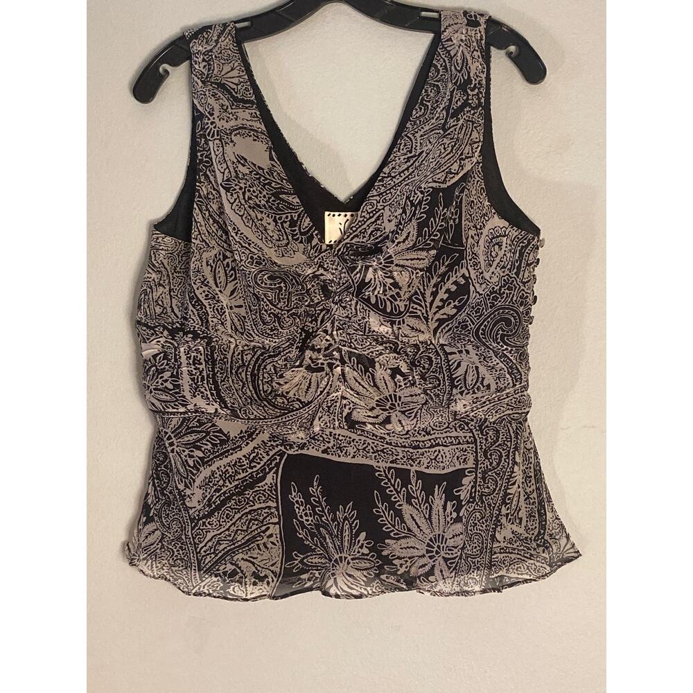 Vintage Ice Paisley Black & White Print Silk Top Lined  Sz L Versatile & Lovely! - Picture 4 of 7